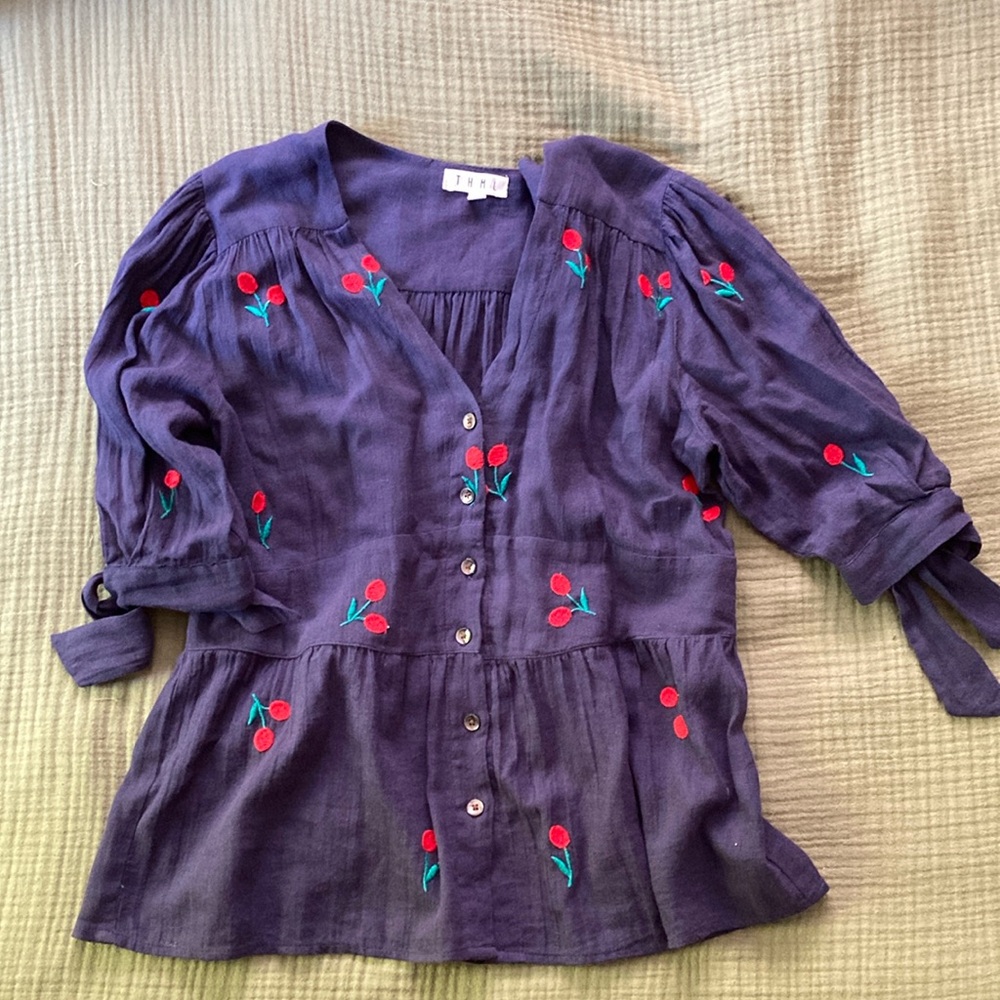 THML Navy button Blouse with Red Floral Embroidery
